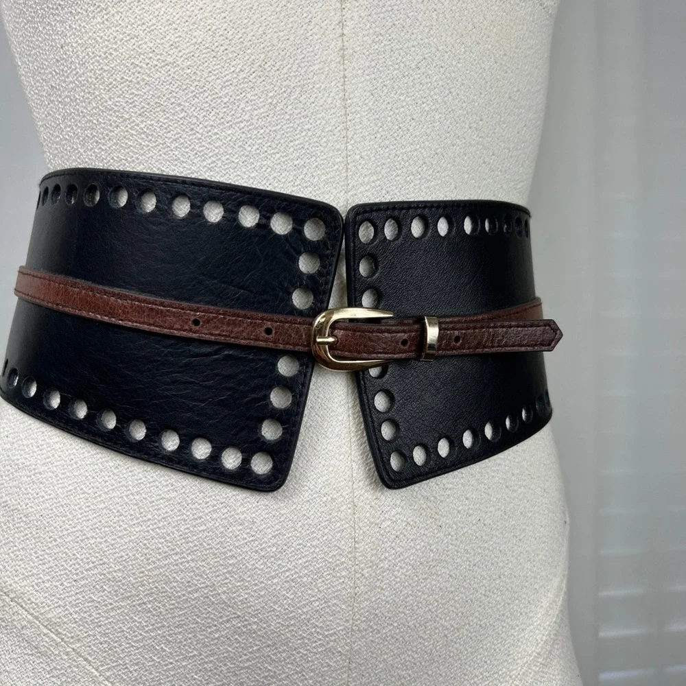 Womens Leather Black Brown Wide‎ Corset Waist Belt Snap Buckle Closure western S